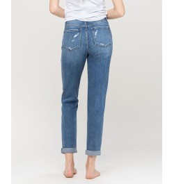 Women's Distressed Double Cuffed Stretch Mom Jeans Medium Blue $43.78 Jeans