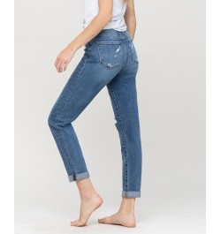 Women's Distressed Double Cuffed Stretch Mom Jeans Medium Blue $43.78 Jeans