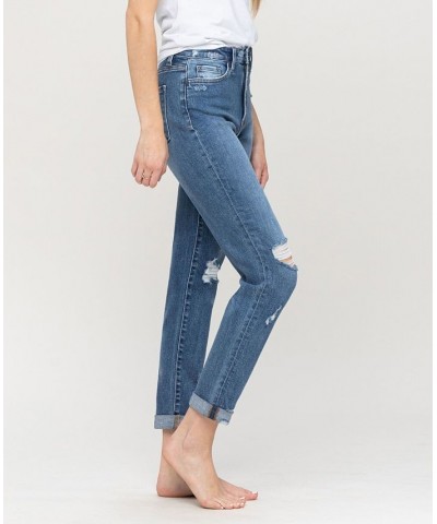 Women's Distressed Double Cuffed Stretch Mom Jeans Medium Blue $43.78 Jeans