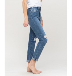 Women's Distressed Double Cuffed Stretch Mom Jeans Medium Blue $43.78 Jeans