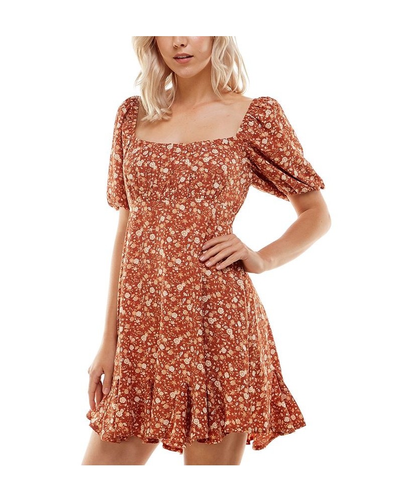 Juniors' Square-Neck Puffed-Sleeve Dress Rust Multi $28.32 Dresses