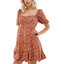 Juniors' Square-Neck Puffed-Sleeve Dress Rust Multi $28.32 Dresses