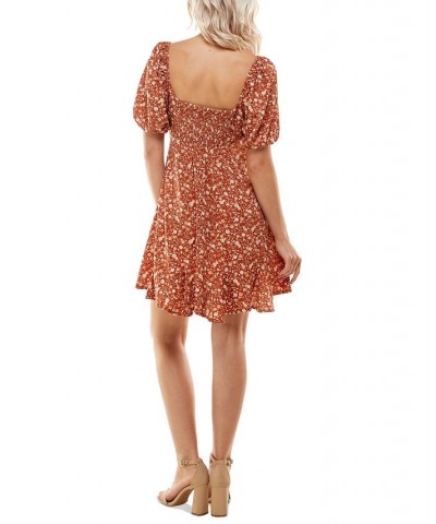 Juniors' Square-Neck Puffed-Sleeve Dress Rust Multi $28.32 Dresses