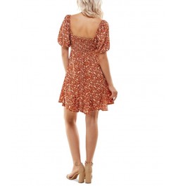 Juniors' Square-Neck Puffed-Sleeve Dress Rust Multi $28.32 Dresses