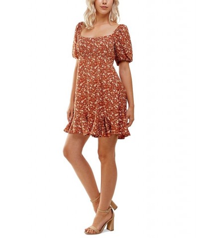 Juniors' Square-Neck Puffed-Sleeve Dress Rust Multi $28.32 Dresses