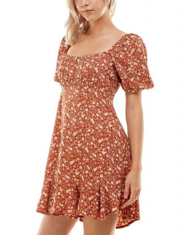 Juniors' Square-Neck Puffed-Sleeve Dress Rust Multi $28.32 Dresses