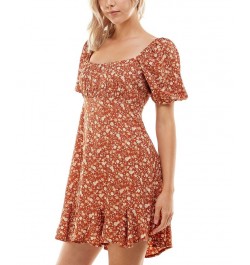 Juniors' Square-Neck Puffed-Sleeve Dress Rust Multi $28.32 Dresses