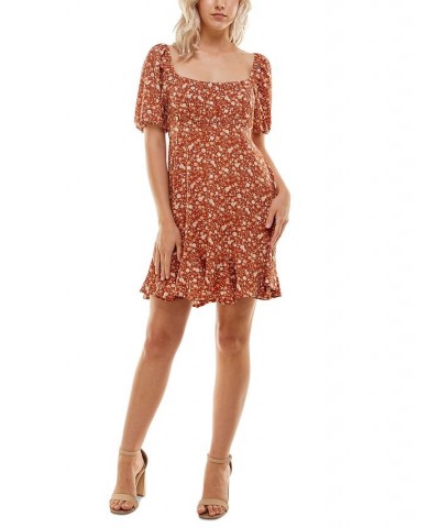 Juniors' Square-Neck Puffed-Sleeve Dress Rust Multi $28.32 Dresses