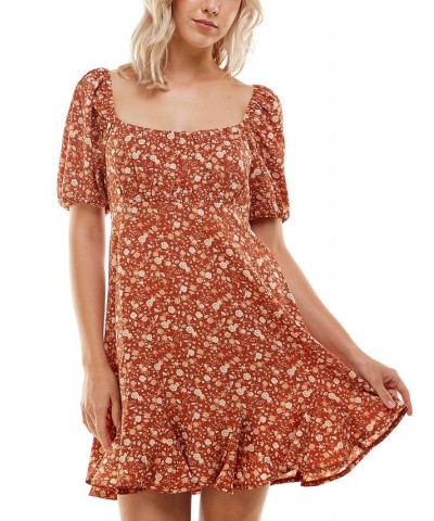 Juniors' Square-Neck Puffed-Sleeve Dress Rust Multi $28.32 Dresses