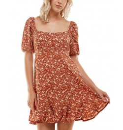 Juniors' Square-Neck Puffed-Sleeve Dress Rust Multi $28.32 Dresses