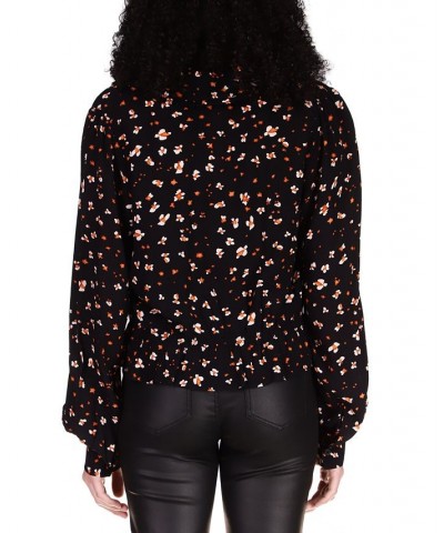 Women's Floral-Print Blouson-Sleeve Button-Front Top Black $25.89 Tops