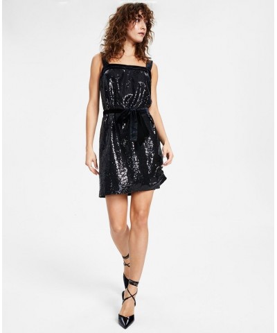 Women's Sequined Square-Neck Belted Dress Black $31.58 Dresses
