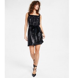 Women's Sequined Square-Neck Belted Dress Black $31.58 Dresses