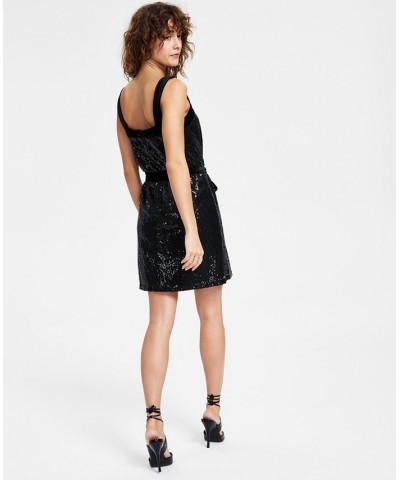 Women's Sequined Square-Neck Belted Dress Black $31.58 Dresses