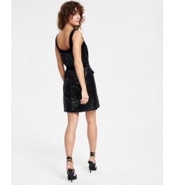 Women's Sequined Square-Neck Belted Dress Black $31.58 Dresses