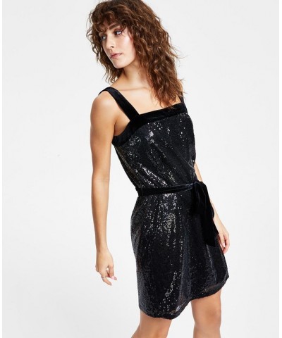 Women's Sequined Square-Neck Belted Dress Black $31.58 Dresses