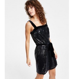 Women's Sequined Square-Neck Belted Dress Black $31.58 Dresses