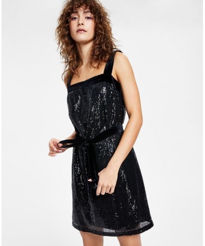 Women's Sequined Square-Neck Belted Dress Black $31.58 Dresses