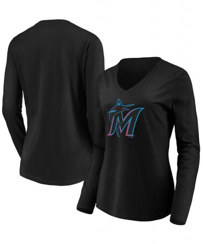 Women's Black Miami Marlins Official Logo Long Sleeve V-Neck T-shirt Black $23.84 Tops