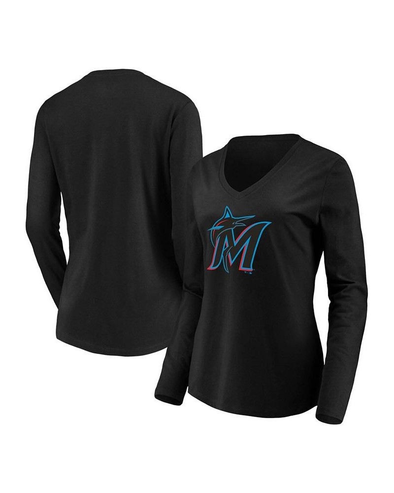 Women's Black Miami Marlins Official Logo Long Sleeve V-Neck T-shirt Black $23.84 Tops