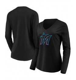 Women's Black Miami Marlins Official Logo Long Sleeve V-Neck T-shirt Black $23.84 Tops