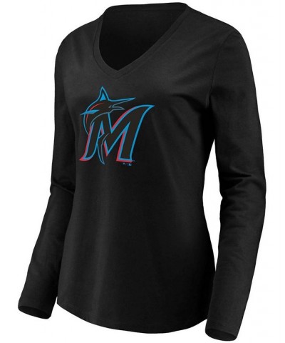 Women's Black Miami Marlins Official Logo Long Sleeve V-Neck T-shirt Black $23.84 Tops