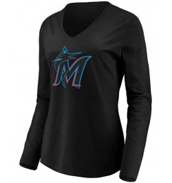 Women's Black Miami Marlins Official Logo Long Sleeve V-Neck T-shirt Black $23.84 Tops