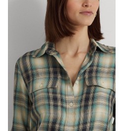 Women's Oversized Plaid Twill Shirt Blue/green Multi $63.45 Tops