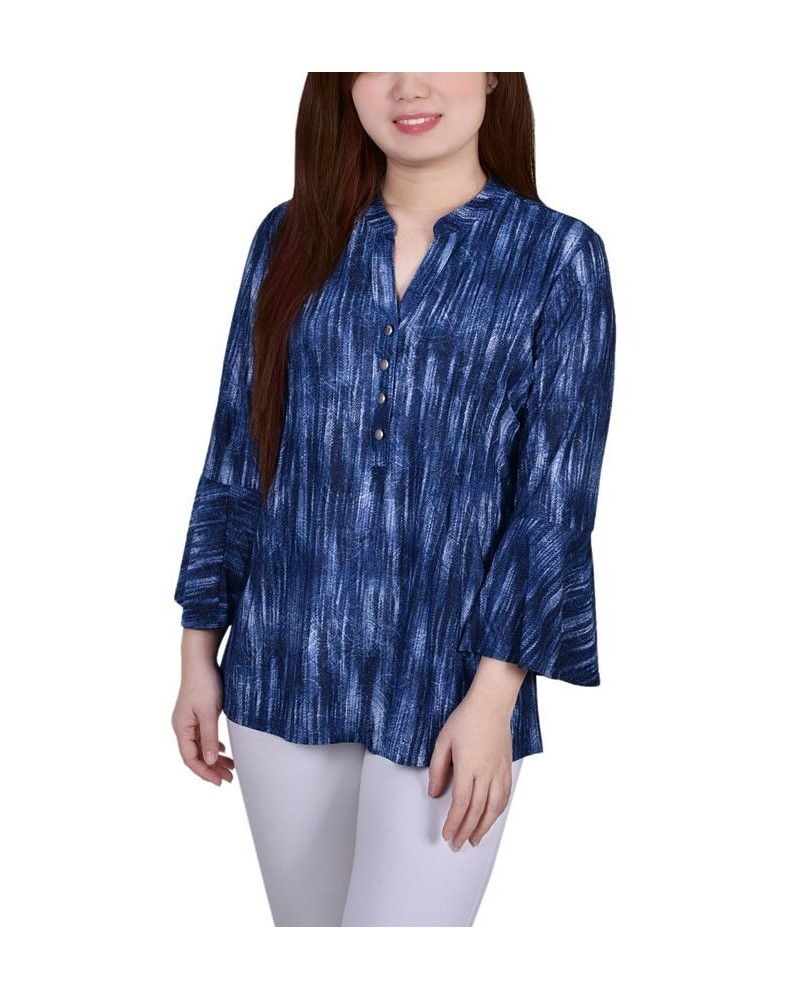 Petite 3/4 Bell Sleeve Printed Pleat Front Y-neck Top Blue Stripe $13.55 Tops