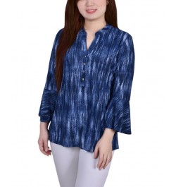 Petite 3/4 Bell Sleeve Printed Pleat Front Y-neck Top Blue Stripe $13.55 Tops