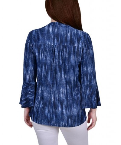 Petite 3/4 Bell Sleeve Printed Pleat Front Y-neck Top Blue Stripe $13.55 Tops