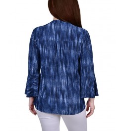 Petite 3/4 Bell Sleeve Printed Pleat Front Y-neck Top Blue Stripe $13.55 Tops