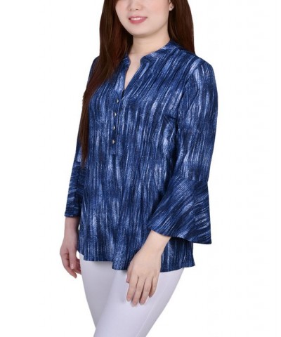 Petite 3/4 Bell Sleeve Printed Pleat Front Y-neck Top Blue Stripe $13.55 Tops