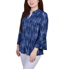 Petite 3/4 Bell Sleeve Printed Pleat Front Y-neck Top Blue Stripe $13.55 Tops