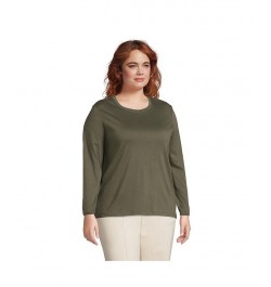 Women's Plus Size Relaxed Supima Cotton Long Sleeve Crewneck T-Shirt Green $27.47 Tops