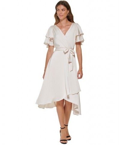 Women's Flutter-Sleeve Tie-Waist Faux-Wrap Dress Buttercream $34.65 Dresses