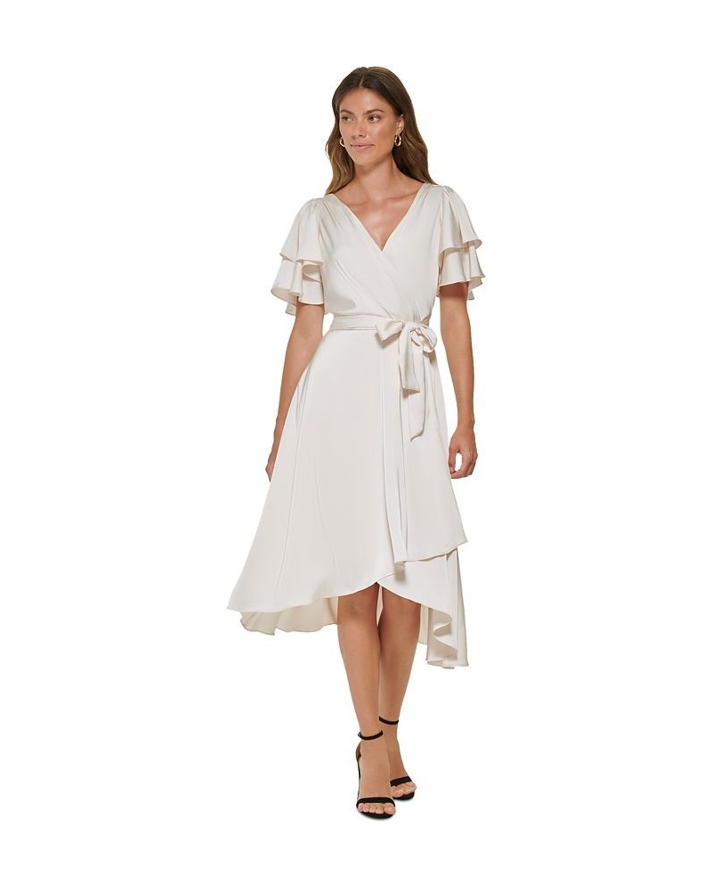 Women's Flutter-Sleeve Tie-Waist Faux-Wrap Dress Buttercream $34.65 Dresses