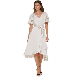 Women's Flutter-Sleeve Tie-Waist Faux-Wrap Dress Buttercream $34.65 Dresses