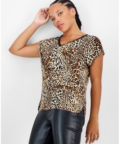 Women's V-Neck Mesh-Trim High-Low Top Regular & Petite Charm Cheetah Black $9.04 Tops