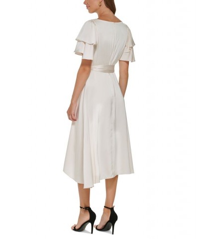 Women's Flutter-Sleeve Tie-Waist Faux-Wrap Dress Buttercream $34.65 Dresses