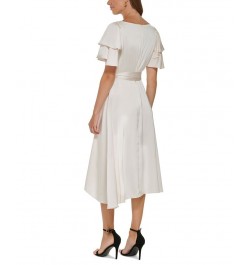 Women's Flutter-Sleeve Tie-Waist Faux-Wrap Dress Buttercream $34.65 Dresses