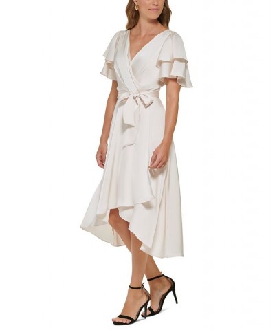 Women's Flutter-Sleeve Tie-Waist Faux-Wrap Dress Buttercream $34.65 Dresses