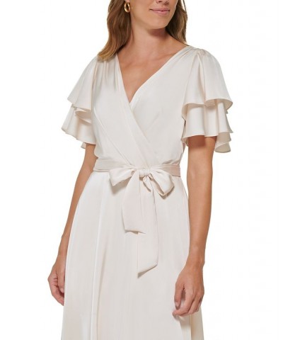 Women's Flutter-Sleeve Tie-Waist Faux-Wrap Dress Buttercream $34.65 Dresses