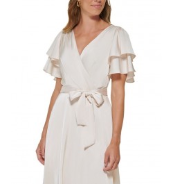 Women's Flutter-Sleeve Tie-Waist Faux-Wrap Dress Buttercream $34.65 Dresses