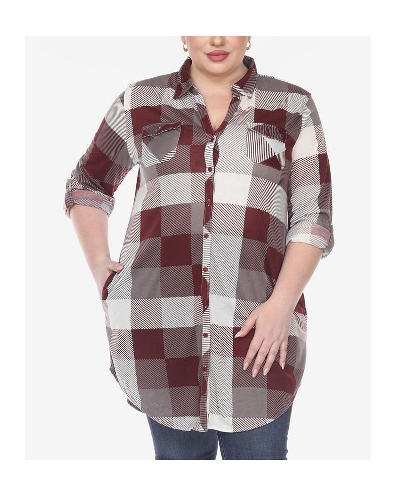 Plus Size Plaid Tunic Shirt Burgundy and White $27.90 Tops