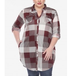 Plus Size Plaid Tunic Shirt Burgundy and White $27.90 Tops