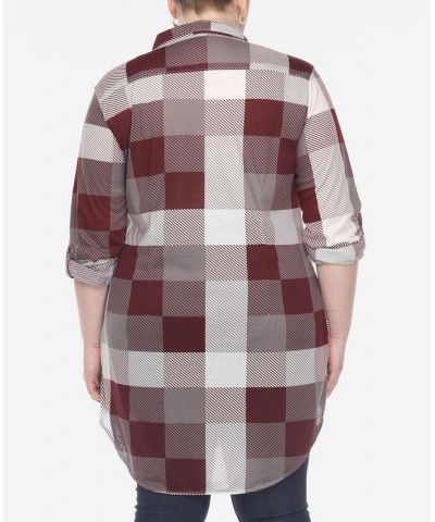 Plus Size Plaid Tunic Shirt Burgundy and White $27.90 Tops