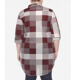 Plus Size Plaid Tunic Shirt Burgundy and White $27.90 Tops