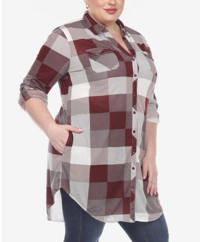 Plus Size Plaid Tunic Shirt Burgundy and White $27.90 Tops