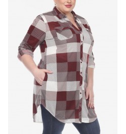 Plus Size Plaid Tunic Shirt Burgundy and White $27.90 Tops